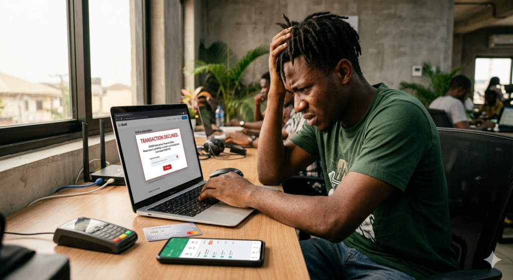 A young Nigerian man looking frustrated while trying to get a gift card to pay  for an online subscription on his laptop.