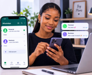 A Nigerian lady using two WhatsApp accounts on one phone
